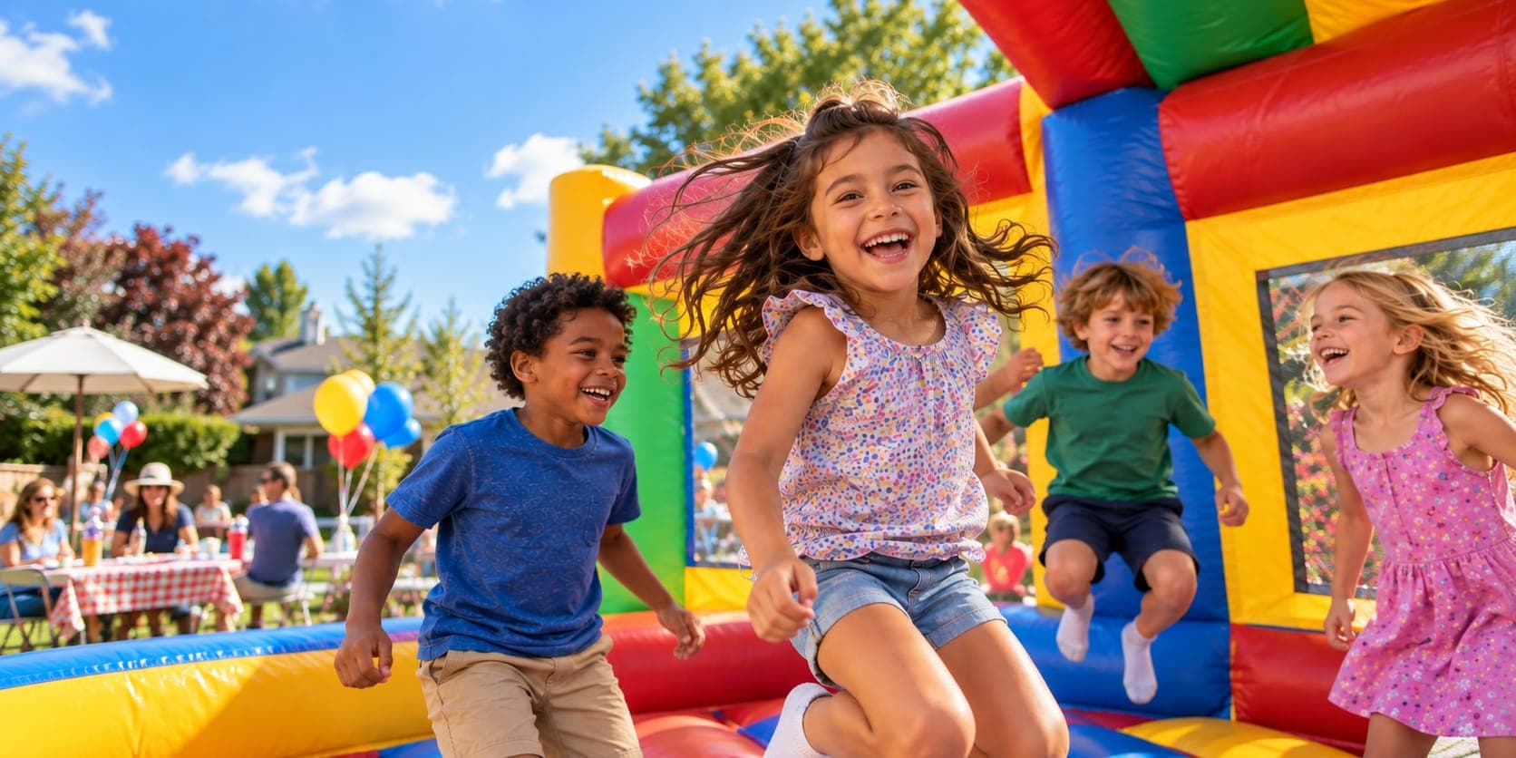 Kids jumping and laughing in a colorful bounce house at a birthday party