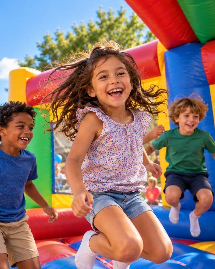 Kids jumping and laughing in a colorful bounce house at a birthday party